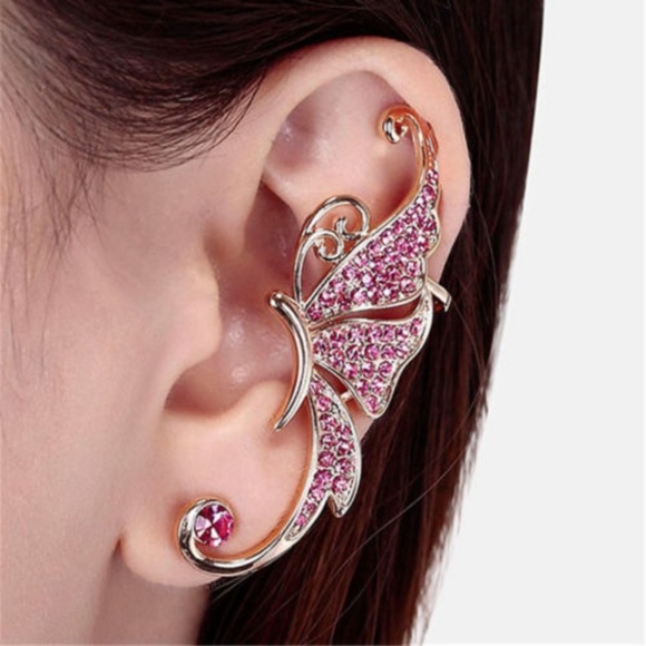 Gold Pink Crystal Butterfly Ear Cuff Wrap Earring - Picture 1 of 4